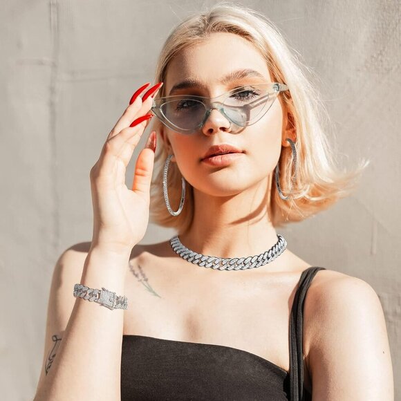 Cuban Link Chain Necklace Bracelet Rhinestone Earrings Bling Necklace Bracelet C - Picture 4 of 6